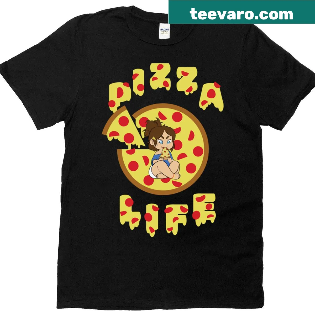 Whimsical Pizza Life T-shirt featuring playful food illustration — on a men's t-shirt