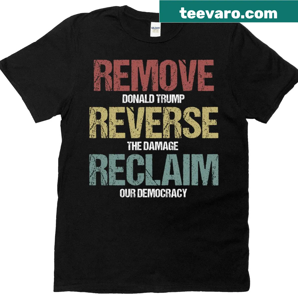 Bold typography design on the Remove Reverse Reclaim t-shirt — on a men's t-shirt