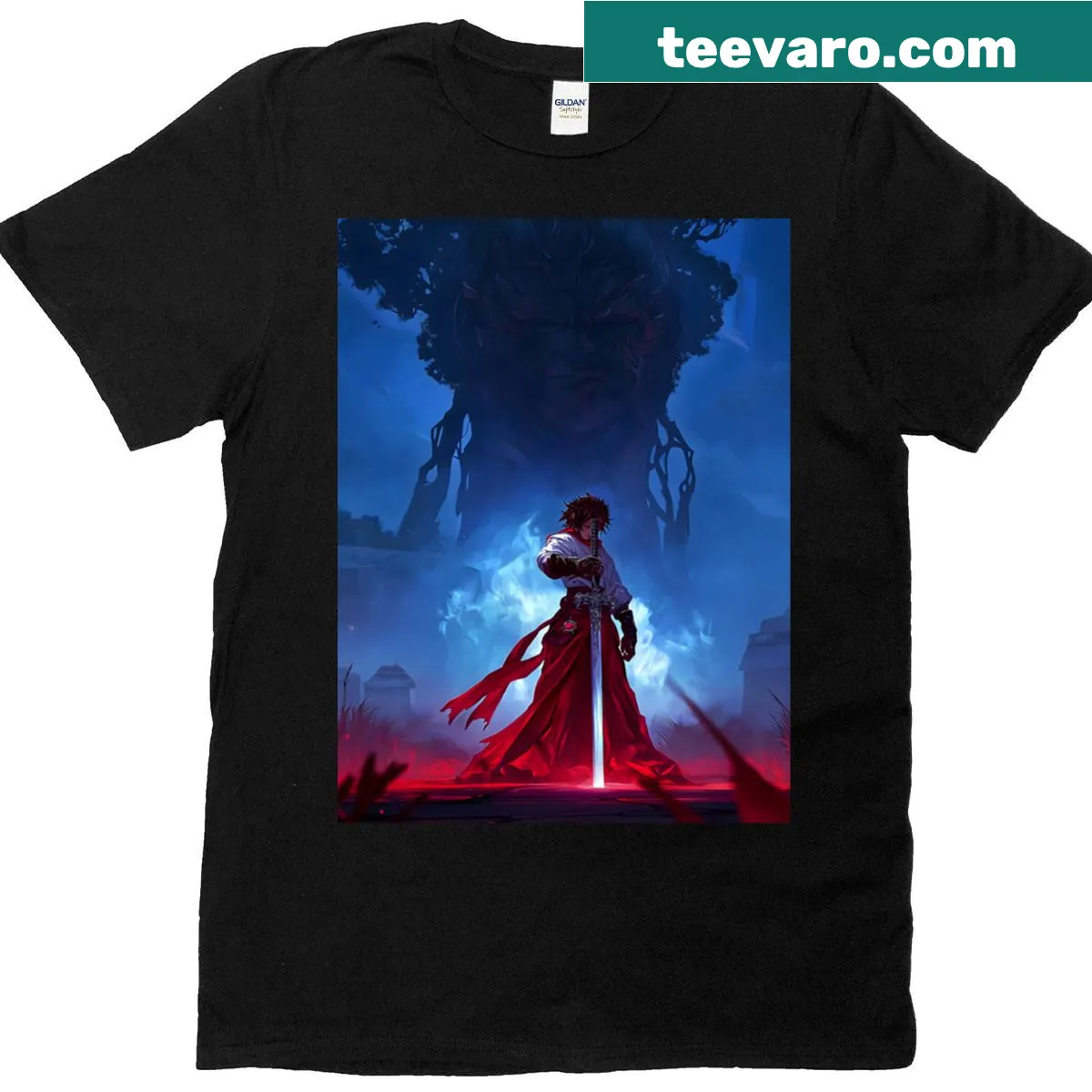 Classic T-shirt with a red-clad warrior illustration — on a men's t-shirt