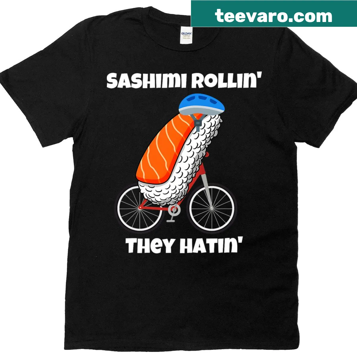 Funny t-shirt with Sashimi Rollin They Hatin text — on a men's t-shirt