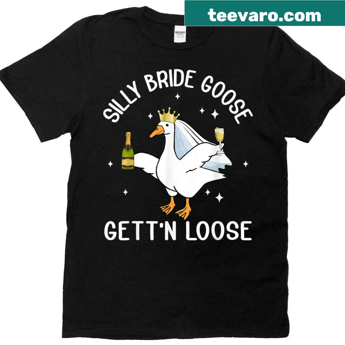 Cute t-shirt with a silly bride goose illustration — on a men's t-shirt