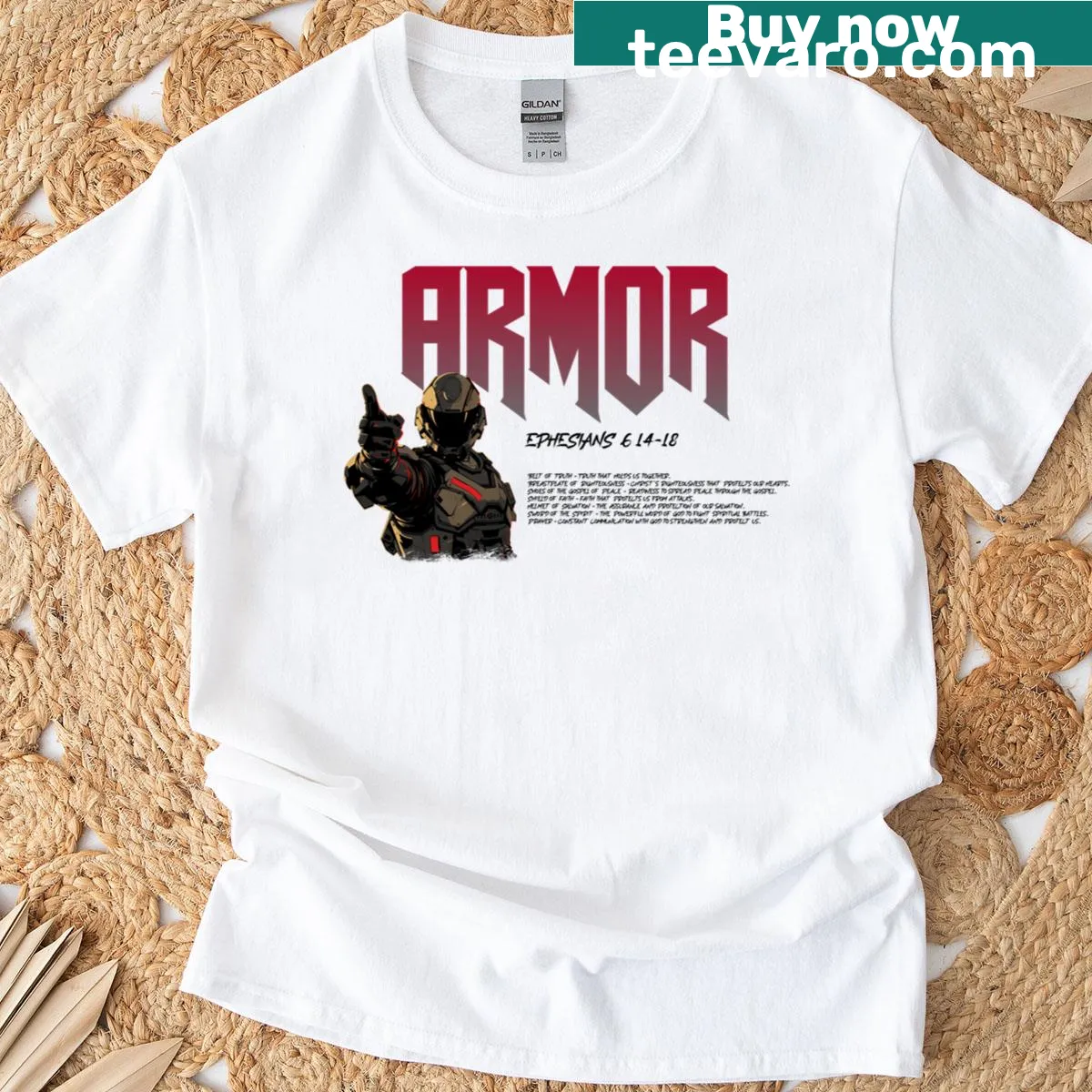 Ephesians 6:14-18 inspired Armor of God t-shirt with bold text — on a men's t-shirt
