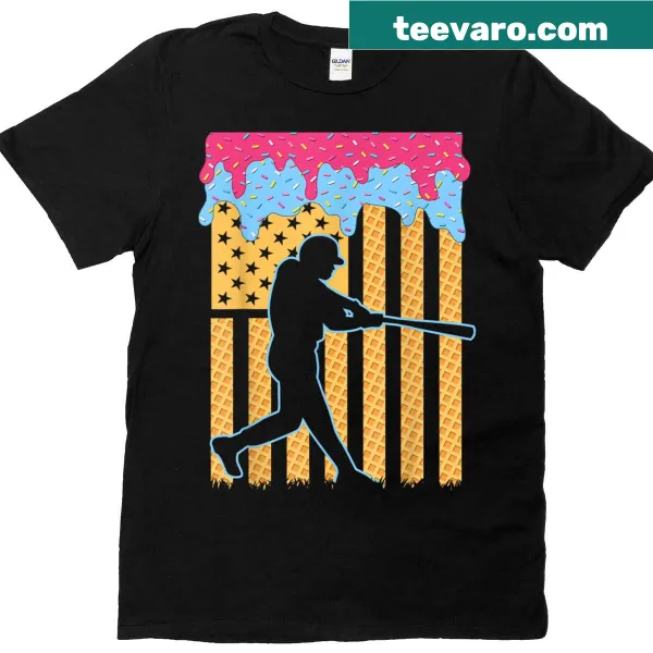 4th of July t-shirt with baseball bat, ice cream, and American flag