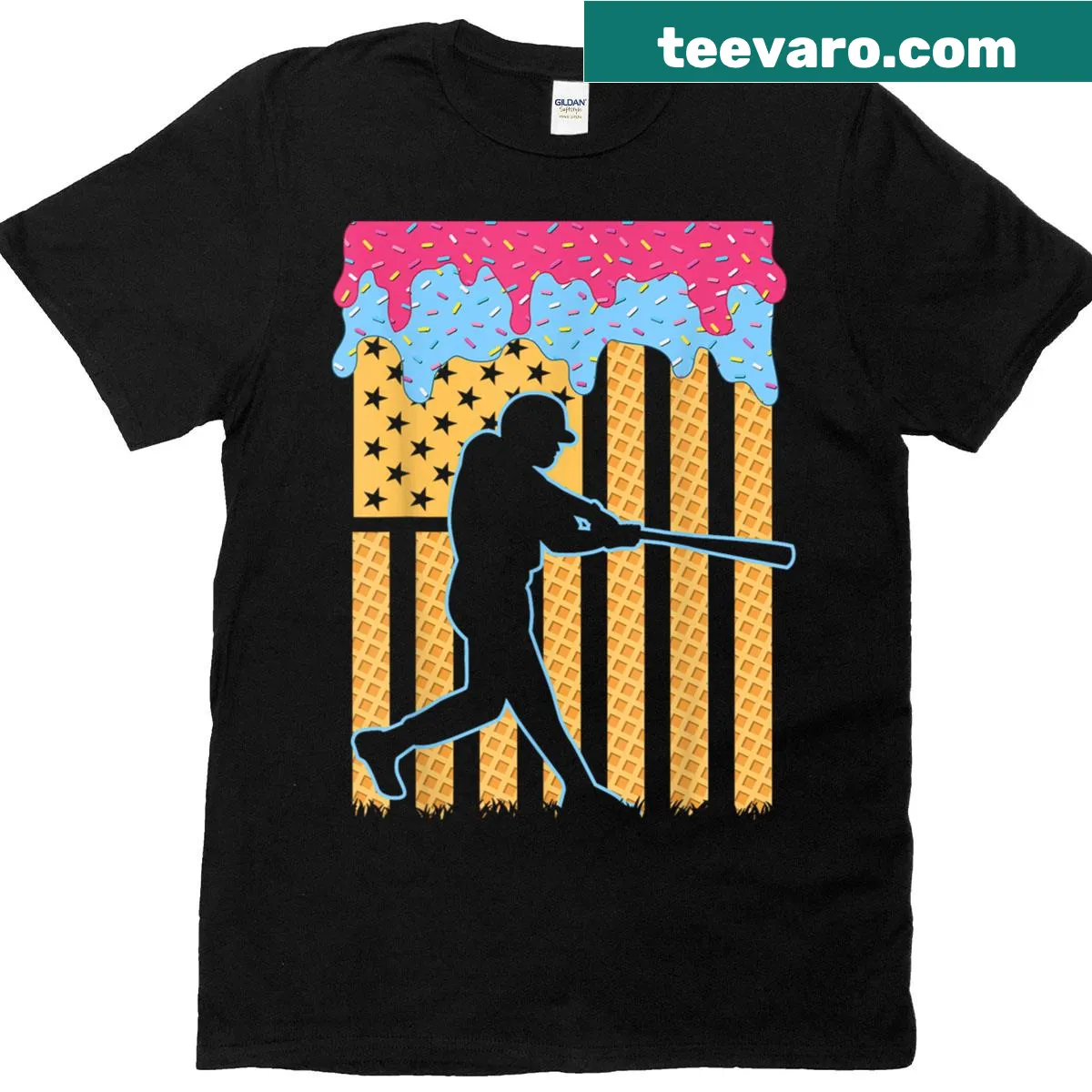 4th of July t-shirt with baseball bat, ice cream, and American flag — on a men's t-shirt