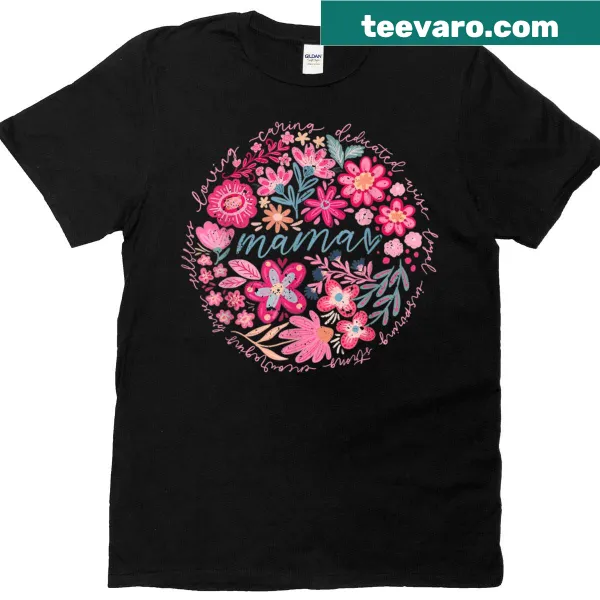 Floral T-shirt with the phrase 'Mama She Is Mom' in a boho style