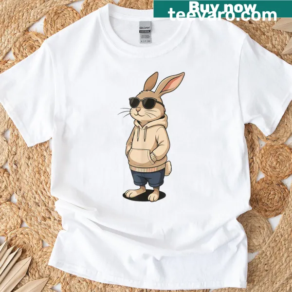 Funny Easter T-shirt with cartoon bunny wearing sunglasses