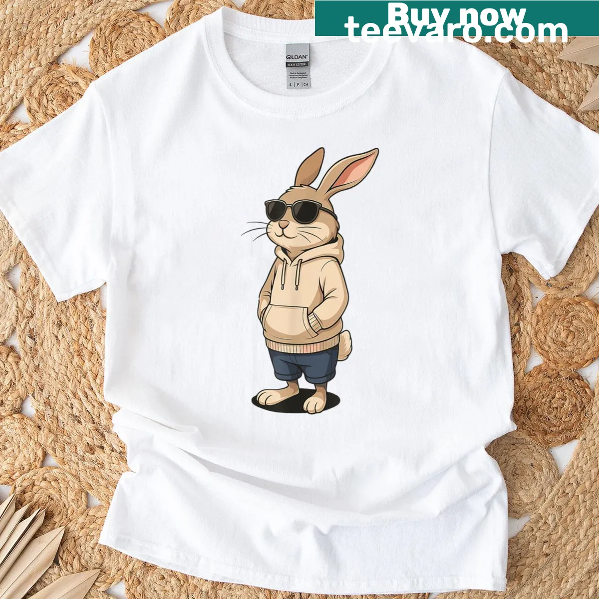 Funny Easter T-shirt with cartoon bunny wearing sunglasses — on a men's t-shirt