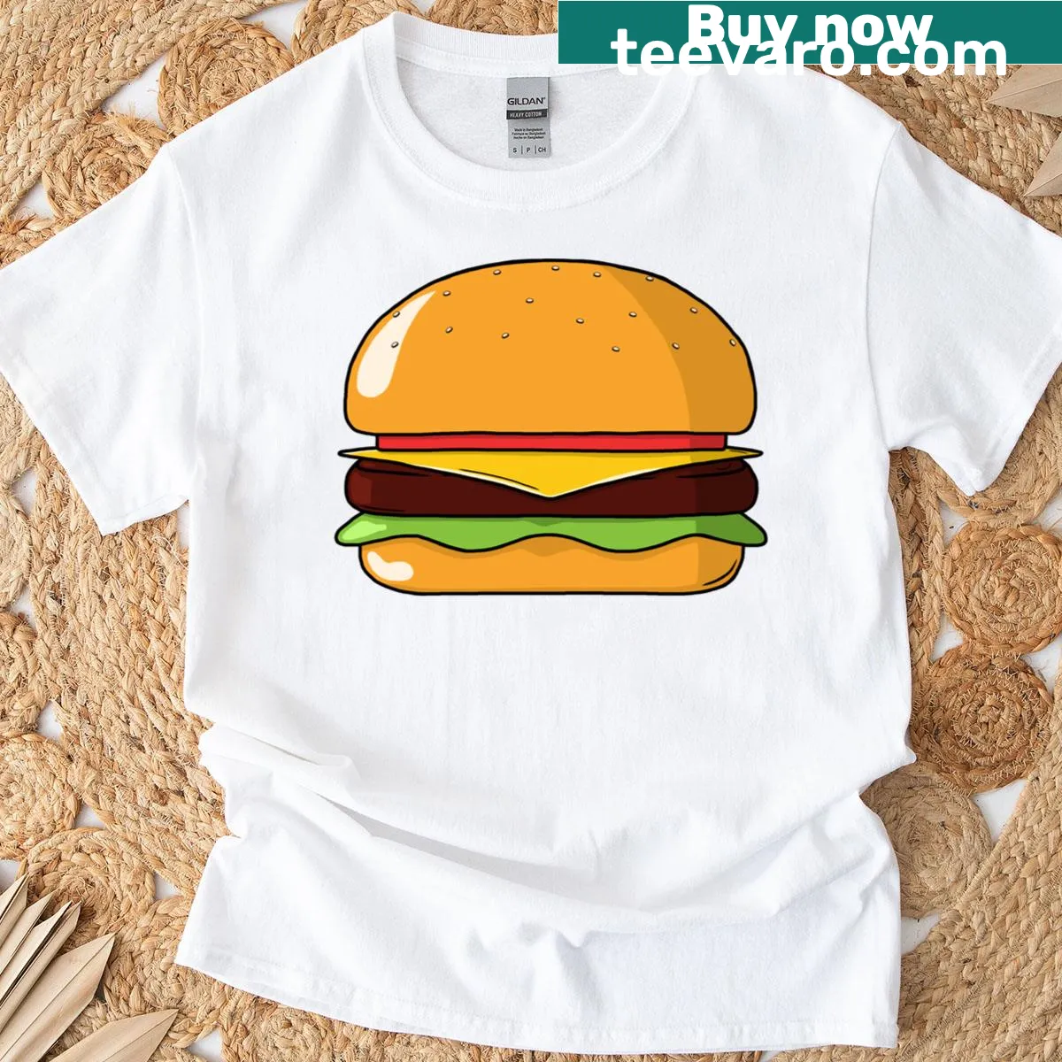 T-shirt with a humorous burger graphic — on a men's t-shirt