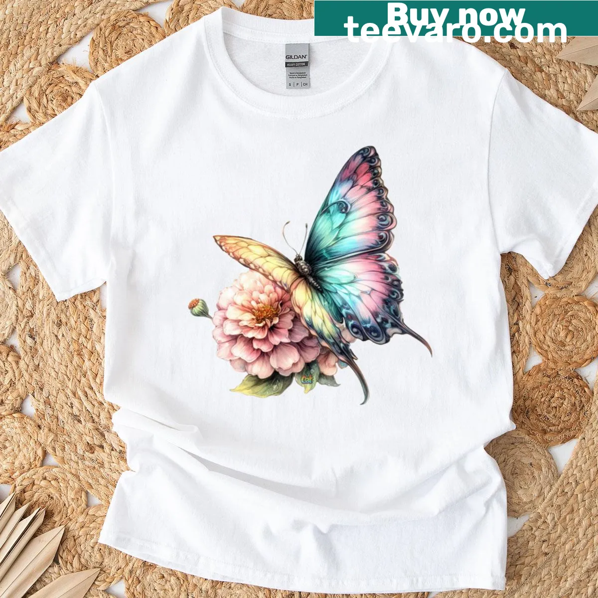 Whimsical T-shirt featuring a butterfly illustration — on a men's t-shirt