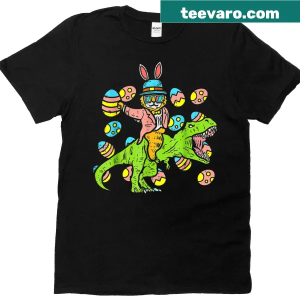 Cartoon cat as Easter bunny riding a T-rex in a fun design