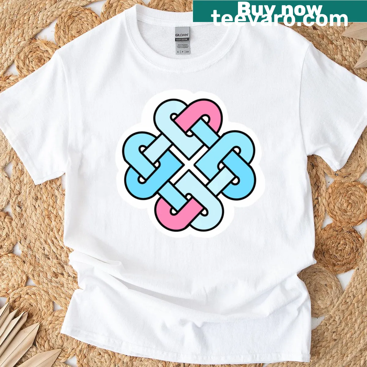 Hand-lettered Celtic quarter heart knot design on a T-shirt — on a men's t-shirt