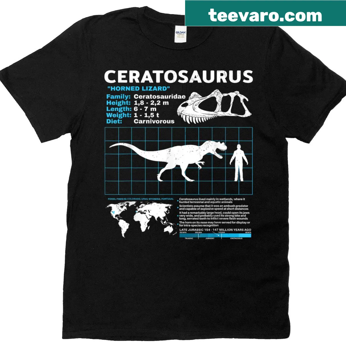 Educational T-shirt featuring Ceratosaurus facts and details — on a men's t-shirt