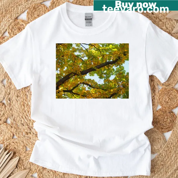T-shirt with a watercolor illustration of changing leaves