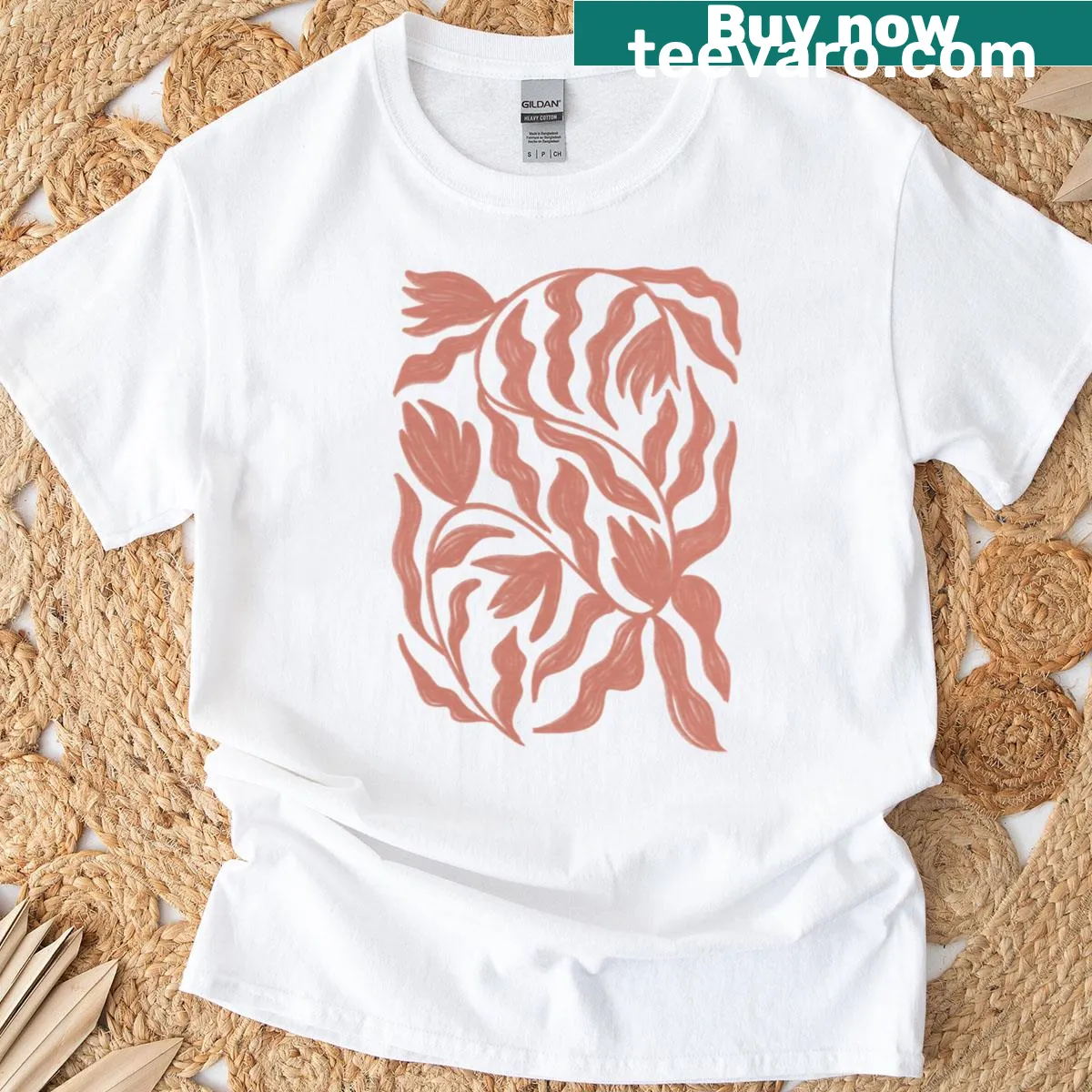 Coral pink abstract wildflower pattern t-shirt — on a men's t-shirt