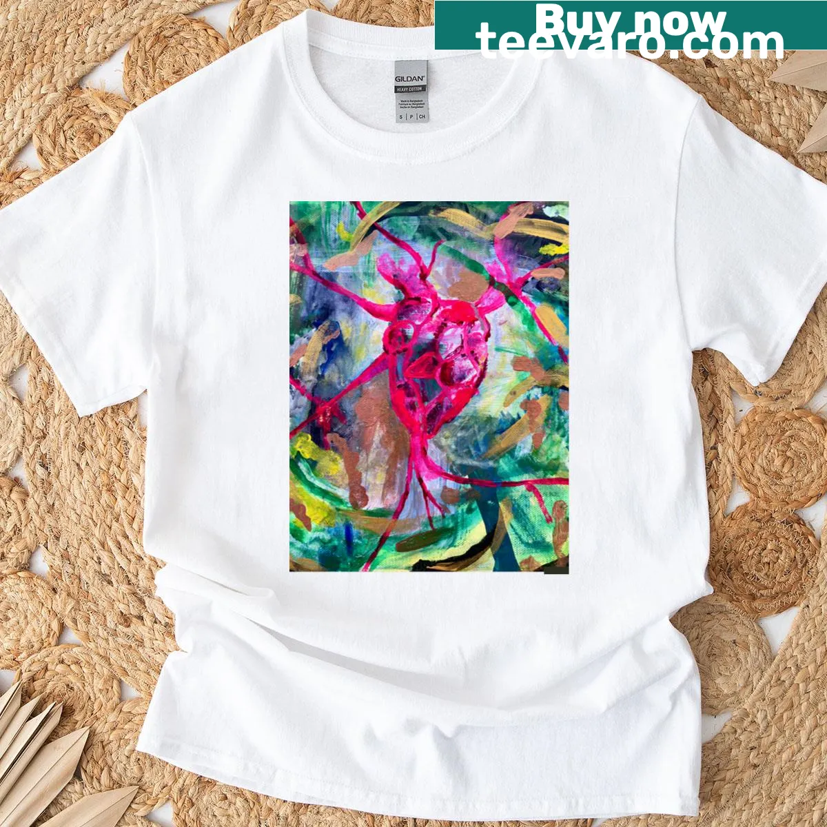 Illustrative t-shirt featuring cosmic heart design with jungle elements — on a men's t-shirt