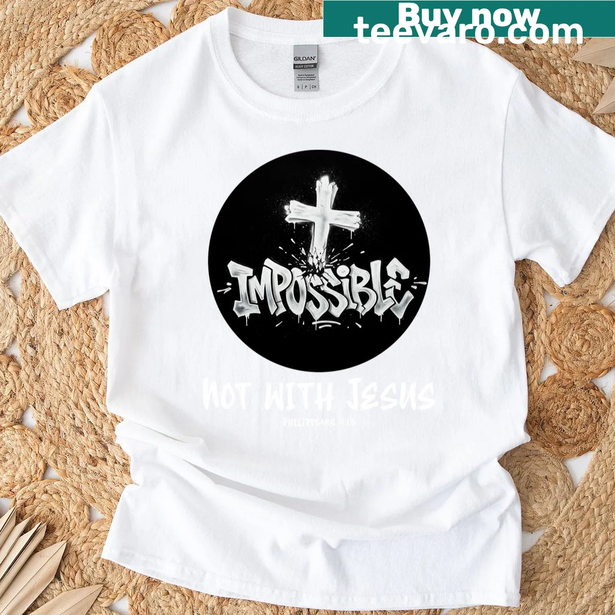 Graffiti-style t-shirt with Philippians 4:13 text — on a men's t-shirt