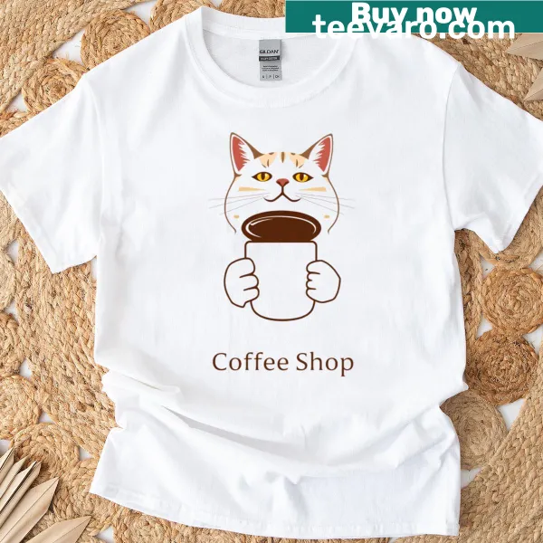 Illustration of a cute cat coffee shop logo on a T-shirt
