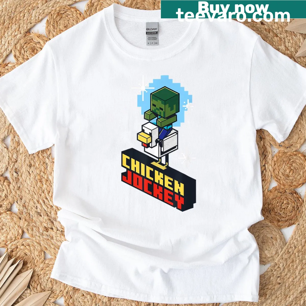 Pixel graphic t-shirt with a chicken riding a jockey for gamers — on a men's t-shirt