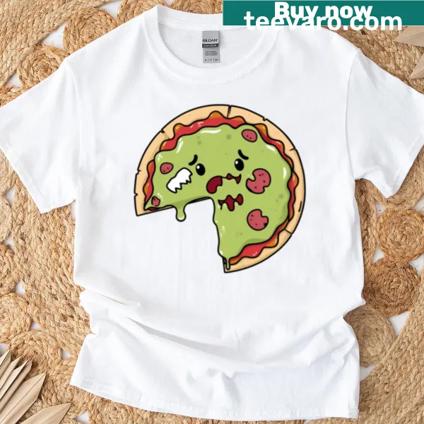 Kawaii style bitten zombie pizza graphic on a fun t-shirt