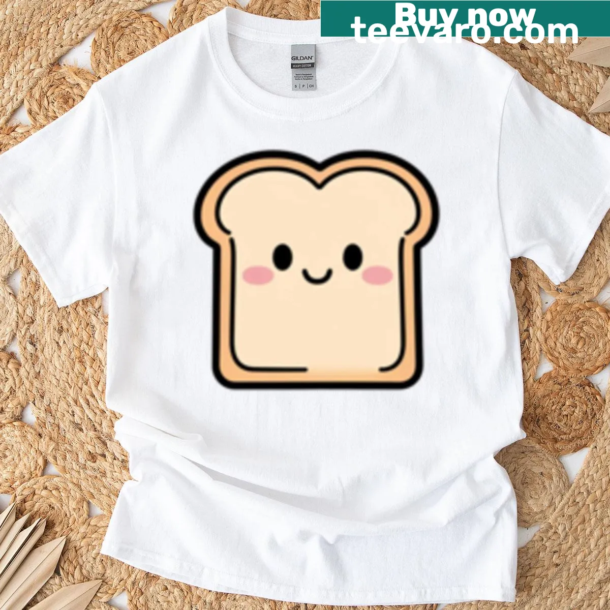 Kawaii t-shirt with cute smiling bread loaf graphic — on a men's t-shirt