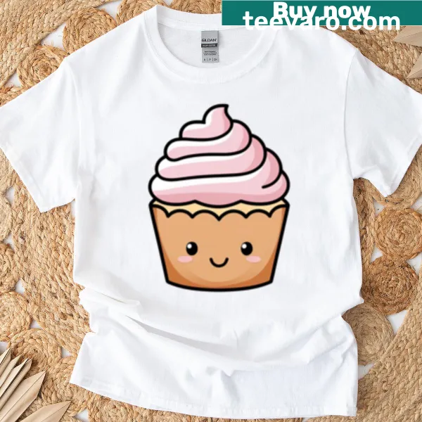 Kawaii smiling cupcake graphic on a fun t-shirt