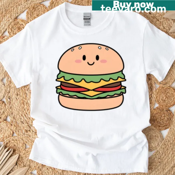 Kawaii smiling hamburger graphic on a fun t-shirt