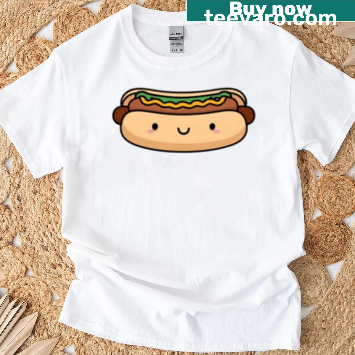 Kawaii cartoon hot dog with a smiling face on a t-shirt — on a men's t-shirt