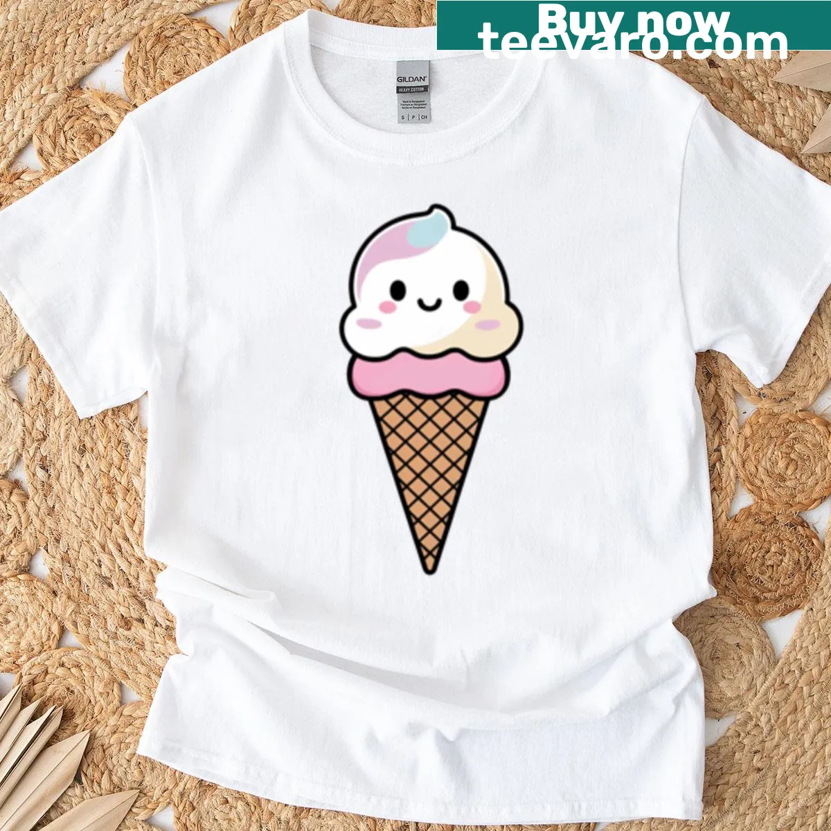 Kawaii t-shirt with cute smiling ice cream cone graphic — on a men's t-shirt