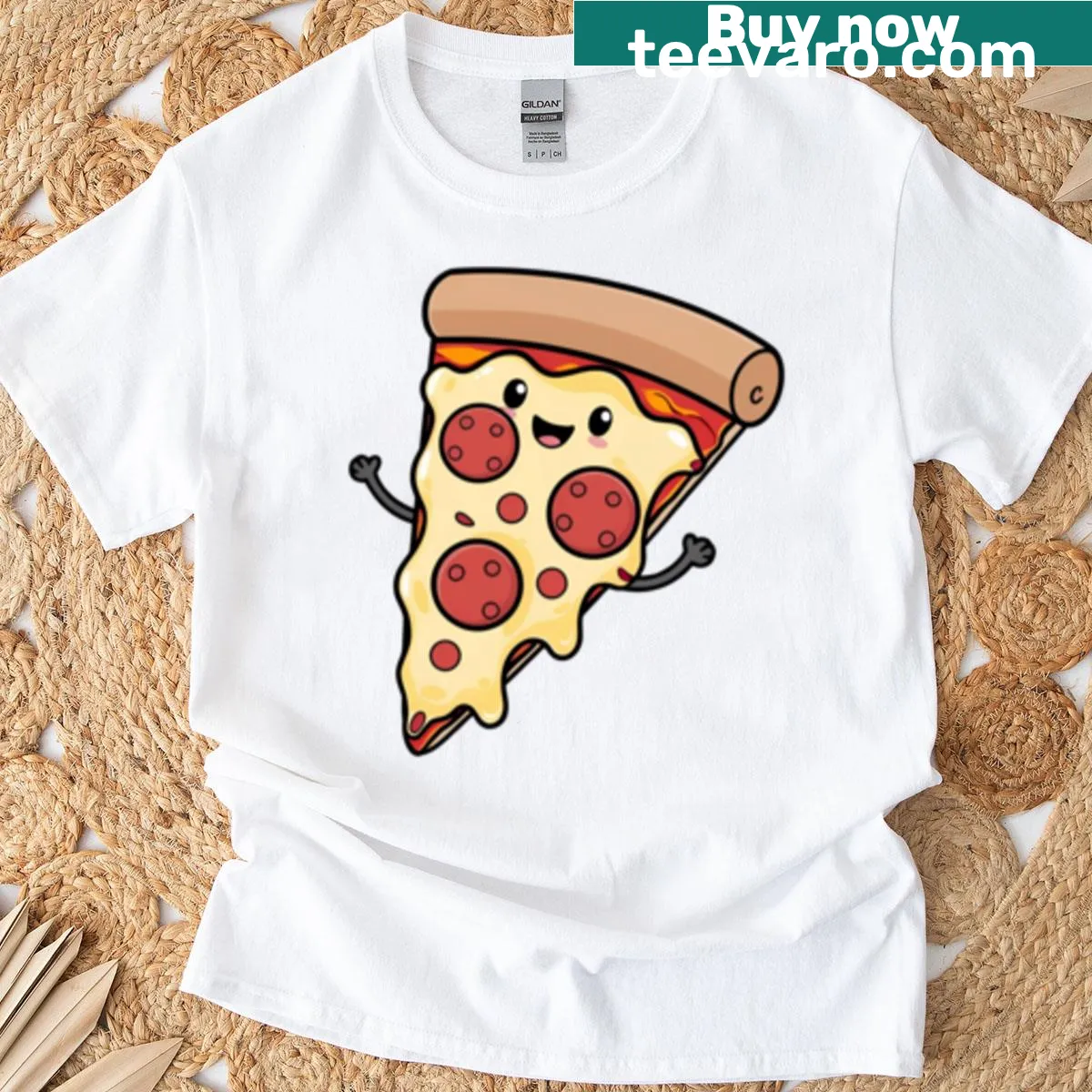 Cute smiling pepperoni pizza graphic on kids t-shirt — on a men's t-shirt