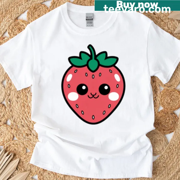 Kawaii strawberry t-shirt featuring a happy smiling face graphic