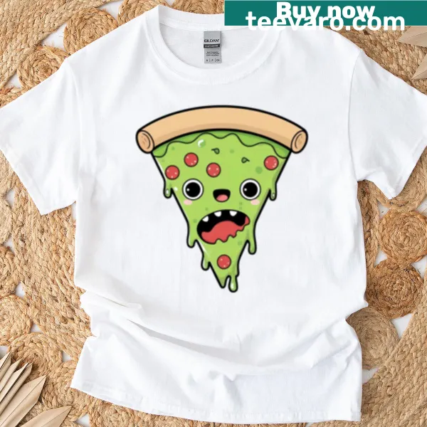 Kawaii zombie pizza slice t-shirt with a happy smiling face graphic