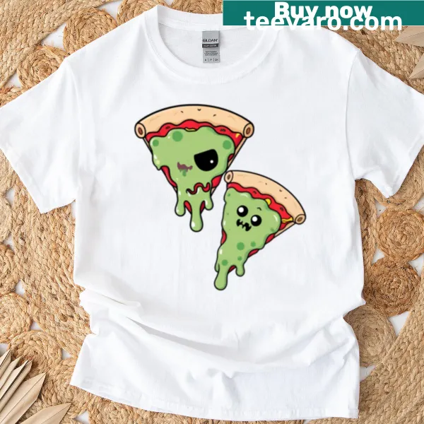 Kawaii zombie pizza slices t-shirt featuring happy smiling faces graphic
