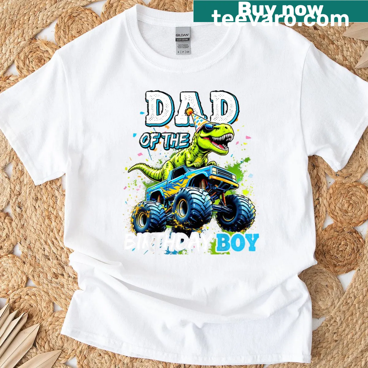 T-shirt with a monster truck and T. rex design for birthday celebrations — on a men's t-shirt