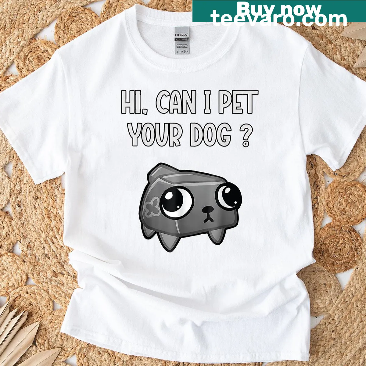 Humorous dog-themed t-shirt with 'Can I pet your dog?' text — on a men's t-shirt