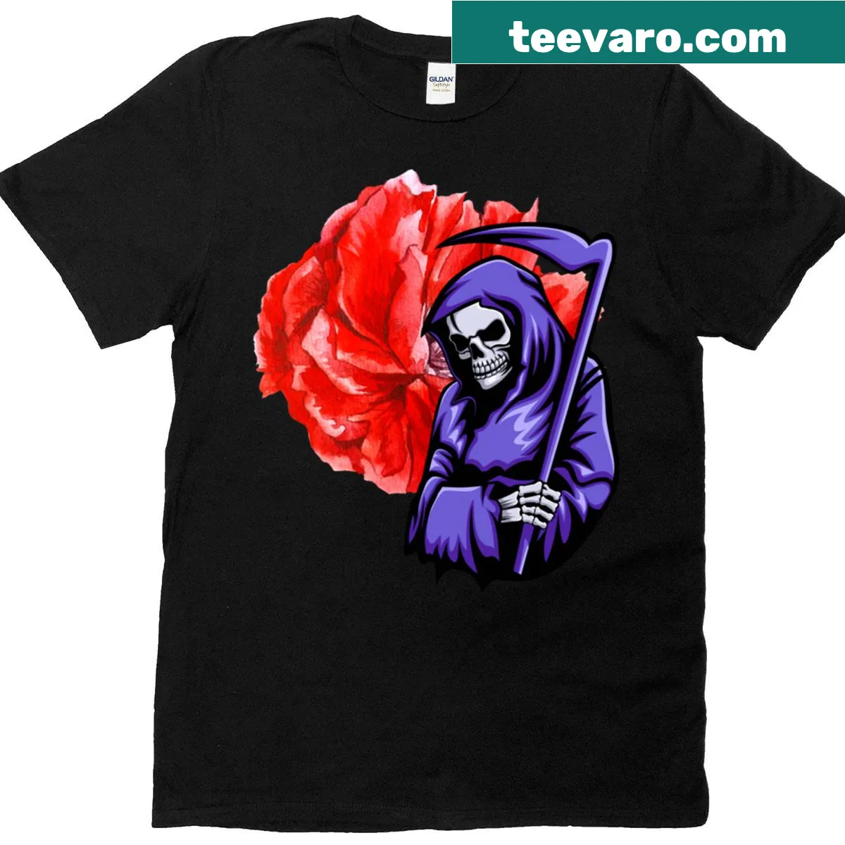 Illustration of a dark reaper with a crimson flower on an active T-shirt — on a men's t-shirt