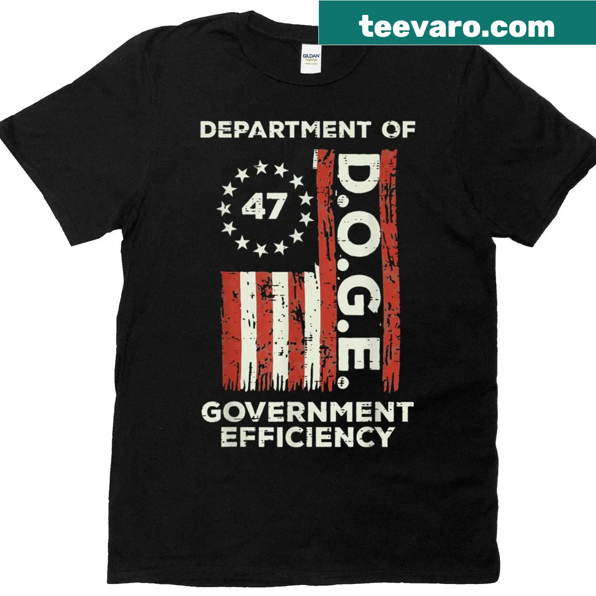 T-shirt featuring a US flag and a badge design for government efficiency — on a men's t-shirt
