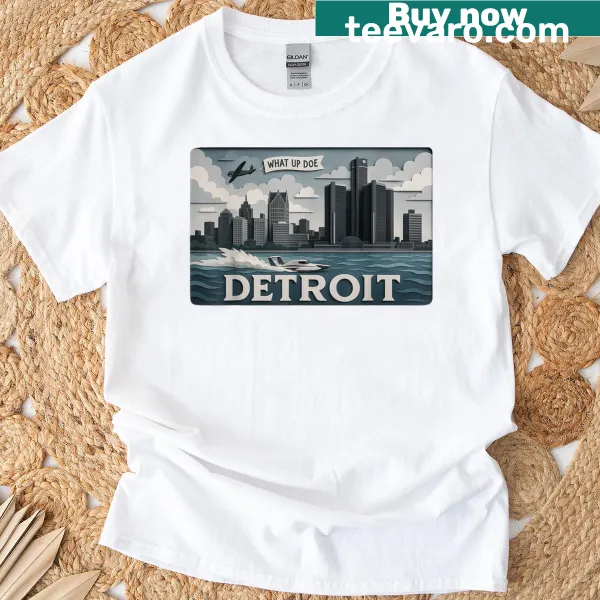 Detroit skyline design with 'What Up Doe' text on a t-shirt