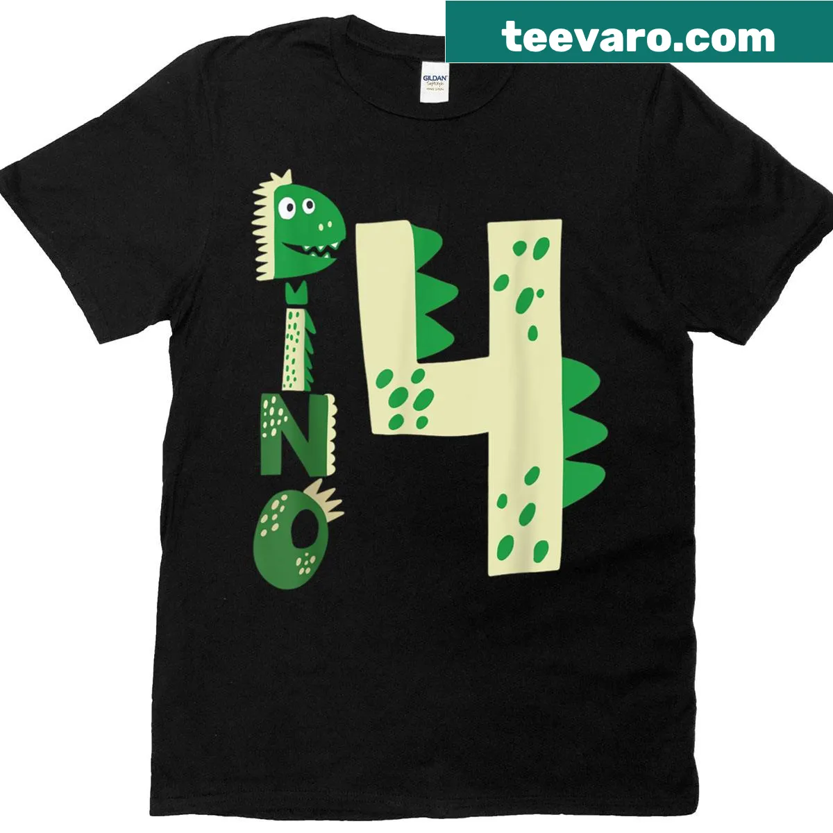 Birthday T-shirt with a friendly dinosaur design celebrating a 4th birthday — on a men's t-shirt