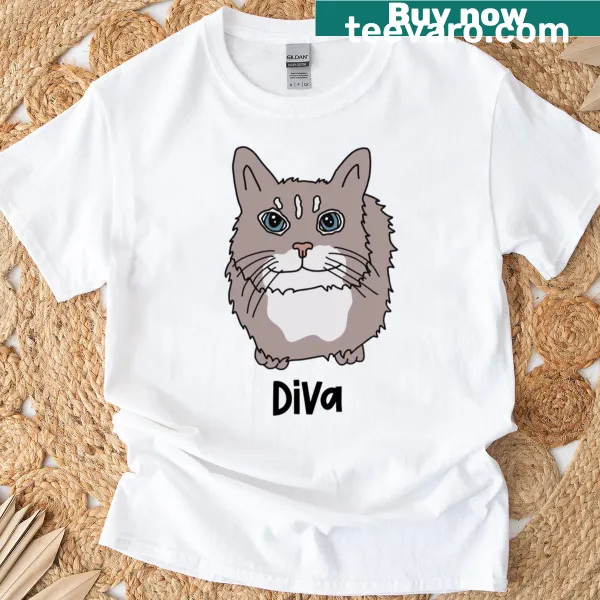 Illustration of a crowned cat in a diva pose on a T-shirt