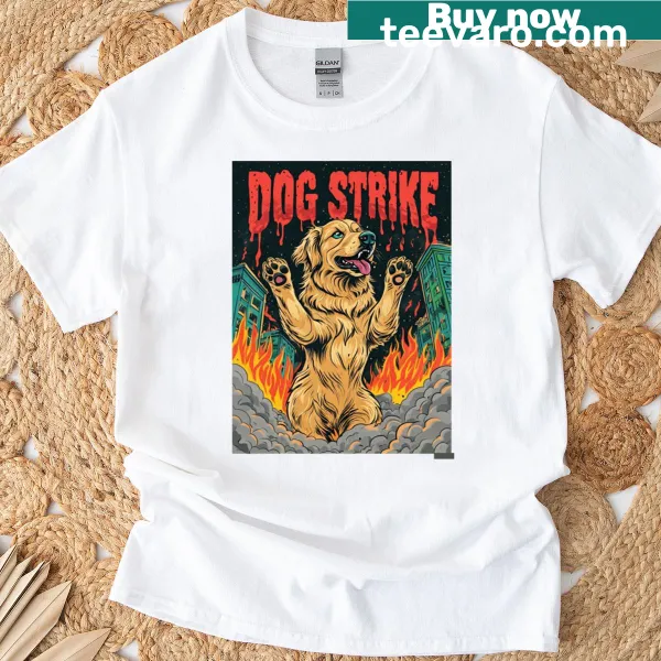Bold typography T-shirt with 'Dog Strike' text in a fun design