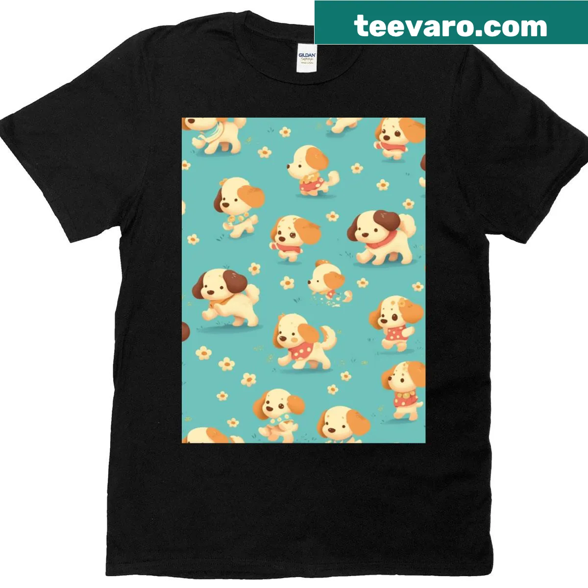 Illustration of a dog on a spring walk with flowers, graphic t-shirt — on a men's t-shirt