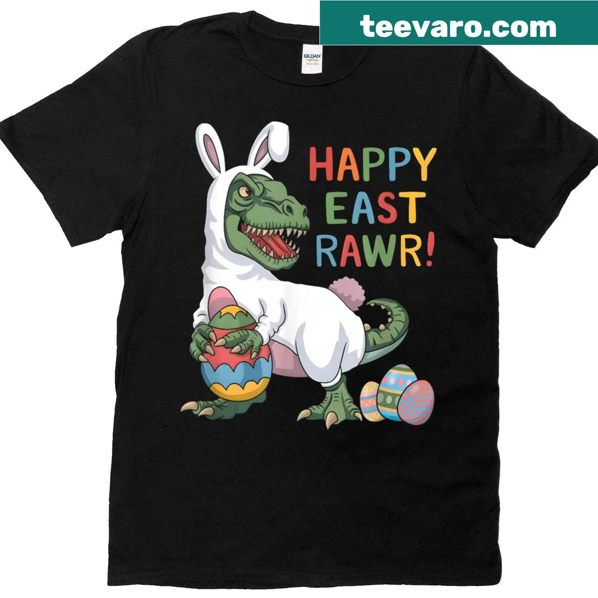 Easter T-shirt for kids with bunny and dinosaur illustration — on a men's t-shirt