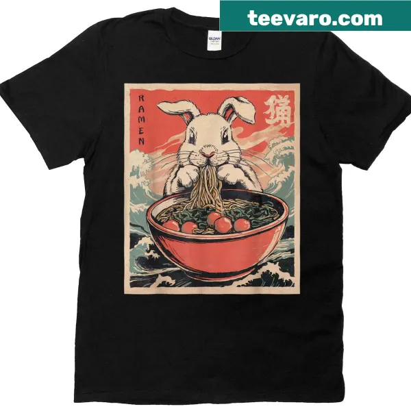 Kawaii anime bunny enjoying ramen graphic on T-shirt