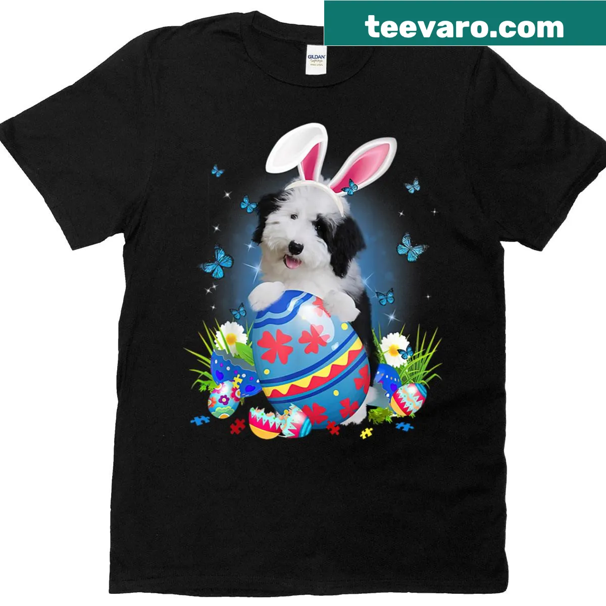 Easter T-shirt featuring a Sheepadoodle dog with bunnies and eggs — on a men's t-shirt