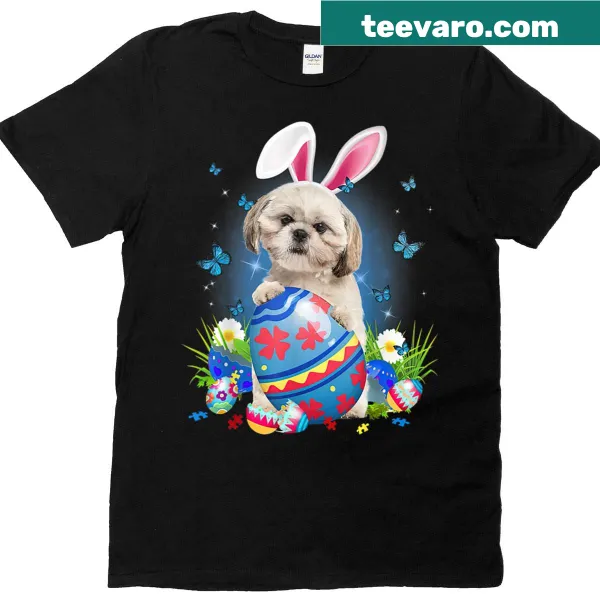 Easter T-shirt featuring a Shih Tzu dog with bunnies and eggs