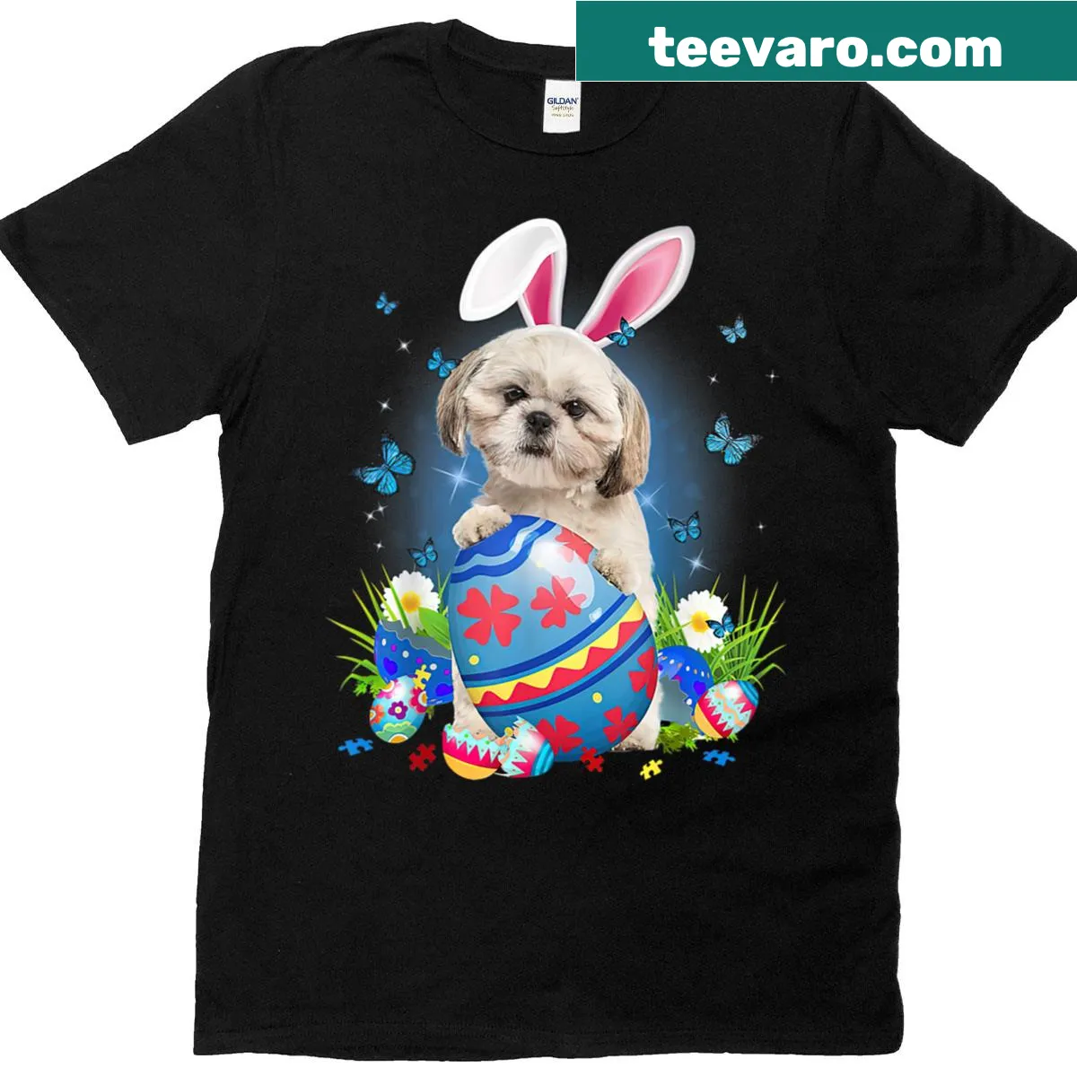 Easter T-shirt featuring a Shih Tzu dog with bunnies and eggs — on a men's t-shirt