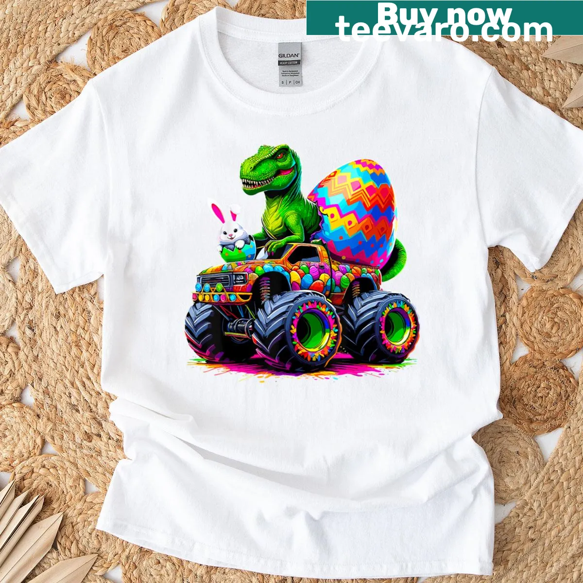 Playful Easter t-shirt with bunny monster truck and eggs — on a men's t-shirt