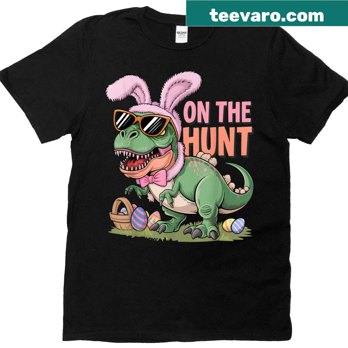 Funny T-Rex Easter T-shirt featuring a dinosaur on a hunt — on a men's t-shirt