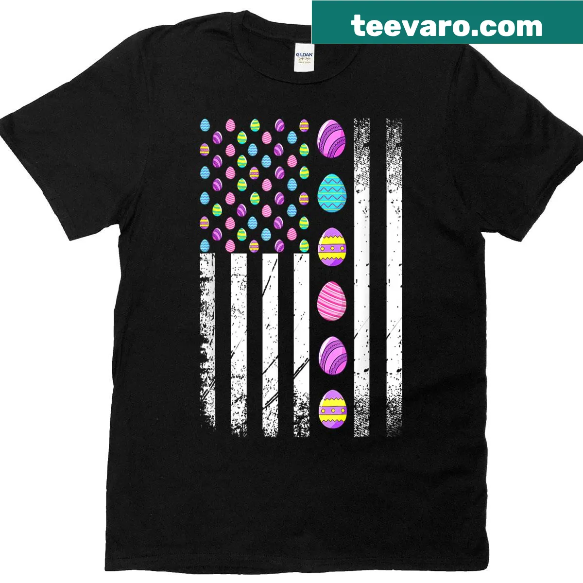 Bunny and Easter eggs design with American flag graphic — on a men's t-shirt