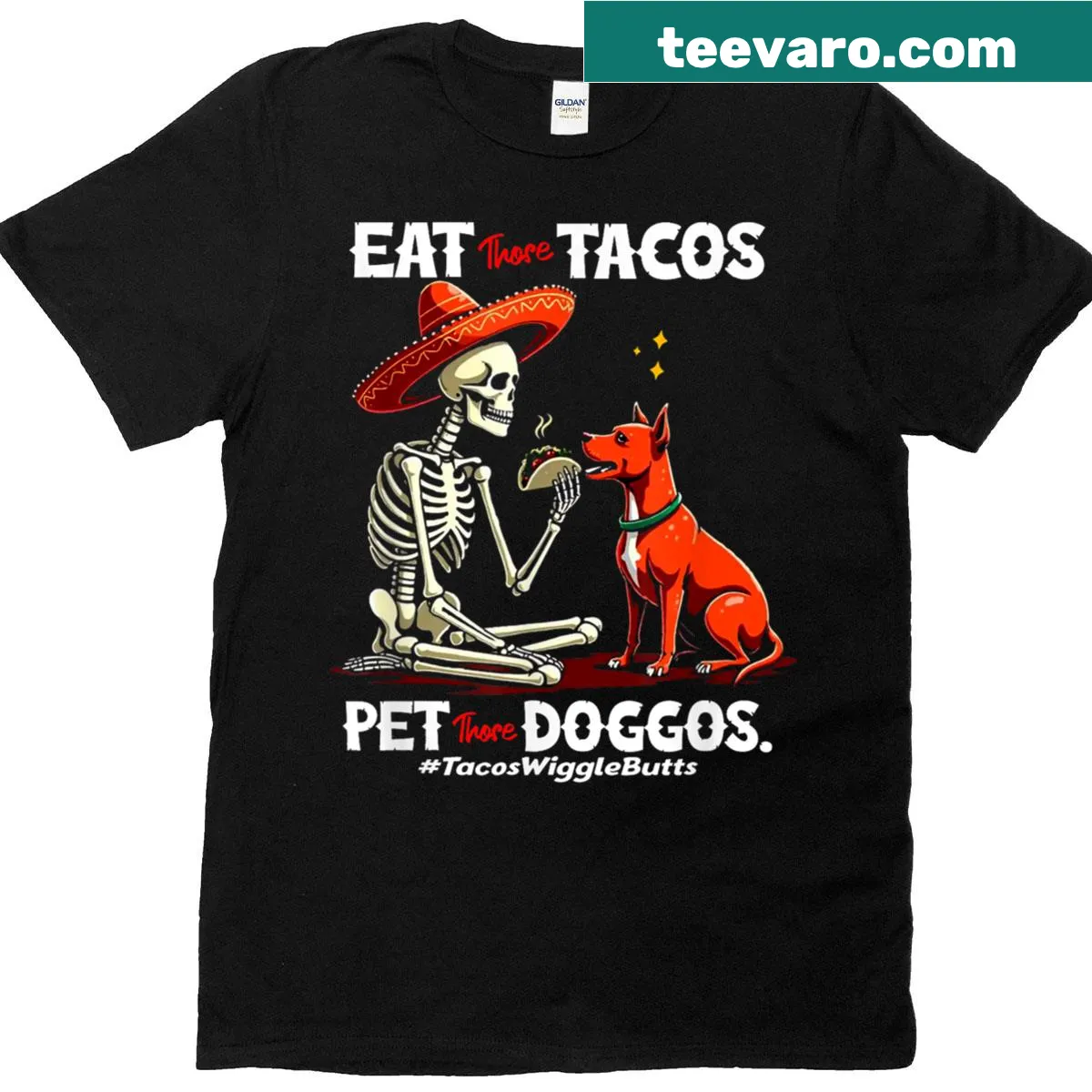 Playful T-shirt with 'Eat Those Tacos Pet Those Doggos' text for dog lovers — on a men's t-shirt